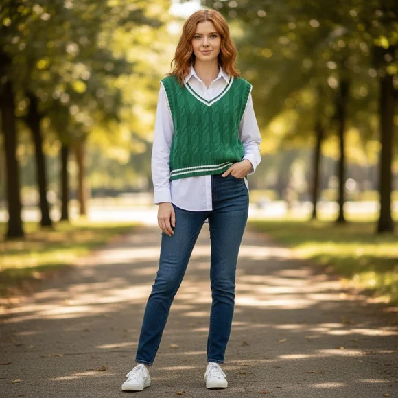 American Threads Vest- Cable Knit V-Neck Sweater Vest with White Trim-Large-EUC - Picture 4 of 11